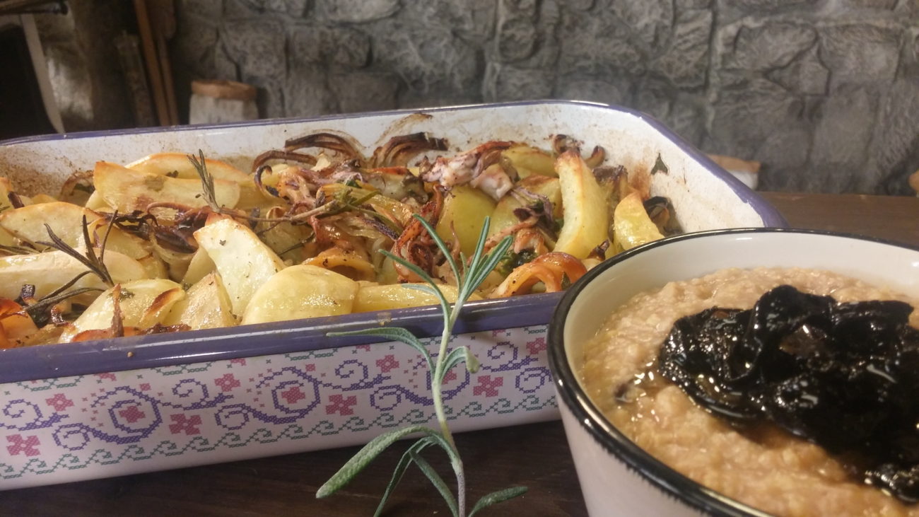 Pijane lignje sa krompirom u rerni i sutlijaš od prosa